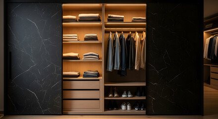 A modern, well-lit walk-in closet with organized shelves, drawers, and hanging clothes.
