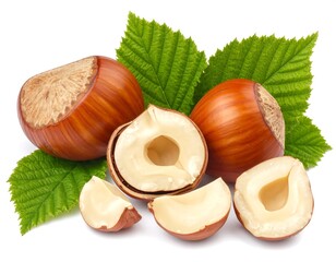 Hazelnuts with leaves on white background (1)