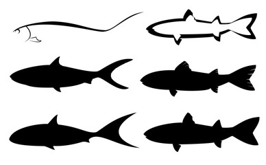 Set of silhouette doodle icons of milkfish and mullet fish, isolated on white background, vector