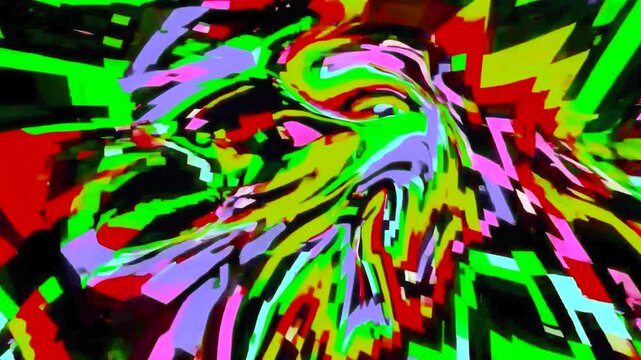 A chaotic explosion of vibrant multicolored glitch patterns and distorted shapes swirls rapidly across the screen, perfect for music visualizers, rave intros, digital error effects, or trippy video tr