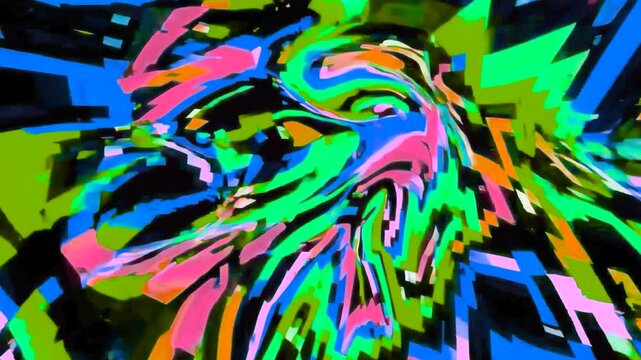 A chaotic explosion of vibrant multicolored glitch patterns and distorted shapes swirls rapidly across the screen, perfect for music visualizers, rave intros, digital error effects, or trippy video tr