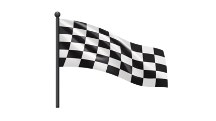 A waving checkered flag on a pole against a transparent background