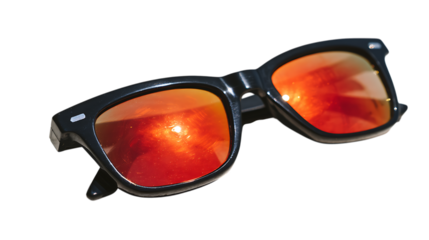 Black framed sunglasses with orange reflective lenses isolated on transparent background