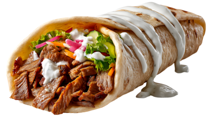 Close up of a shawarma wrap with meat and white sauce drizzle