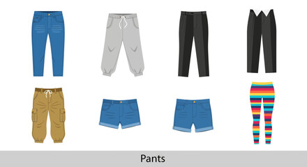 Collection of assorted pants, denim jeans, shorts, and patterned leggings for men and women