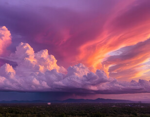 Obraz premium Bright color clouds, purple, pink, and red clouds. The dramatic sky at sunset.