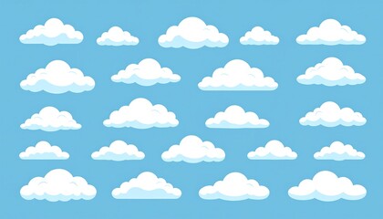 Cartoon clouds in various shapes against a light blue sky
