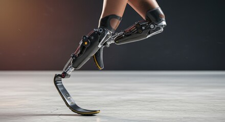 Human lower leg with prosthetic limb running on a light grey surface against a dark background