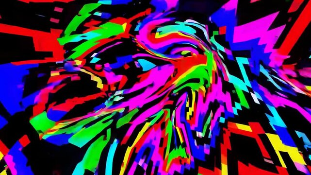 A chaotic explosion of vibrant multicolored glitch patterns and distorted shapes swirls rapidly across the screen, perfect for music visualizers, rave intros, digital error effects, or trippy video tr