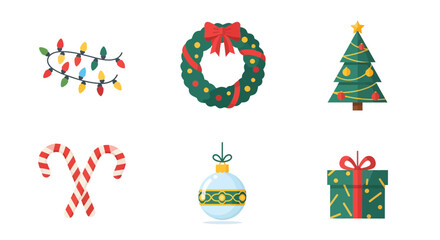 Vibrant Collection of Flat Design Christmas Holiday Icons Festive Lights, Wreath, Decorated Tree, Candy Canes, Ornament, and Gift for Seasonal Joy & Winter Celebrations