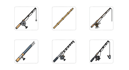 Illustrated collection of diverse fishing rods and poles, showcasing modern spinning, casting, and traditional bamboo designs. Essential angling equipment for recreational fishing and outdoor sports