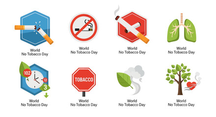 Comprehensive vector icon collection promoting a tobacco-free lifestyle, illustrating the dangers of smoking, benefits of quitting, and emphasizing public health awareness campaigns
