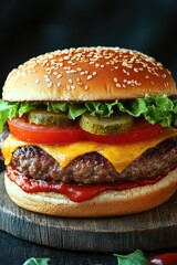 Tasty burger on wooden board, with fresh toppings stacked high