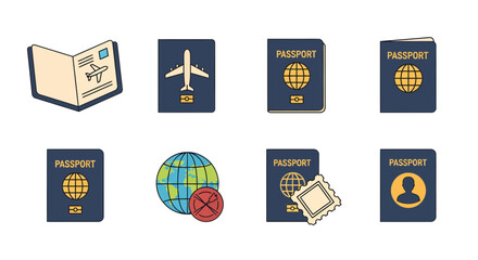 Comprehensive vector collection of international passport and travel icons, depicting global identification, official documentation, border control, and journey essentials for worldwide mobility