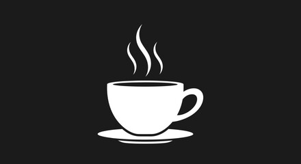 Obraz premium Simple white graphic of a steaming hot cup of coffee or tea on a dark background, perfect for cafe menus, beverage icons, and morning drink designs