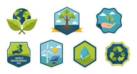 Diverse environmental protection badges illustrating global sustainability, clean energy, water conservation, and recycling symbols for eco-friendly projects and green initiatives