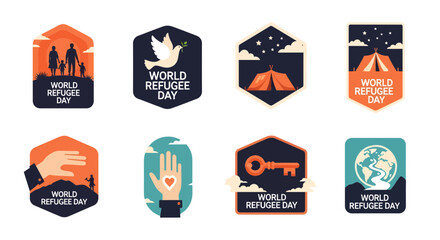 World Refugee Day vector icon set. Emblems showcase global solidarity, humanitarian support, hope, shelter, and community for displaced individuals worldwide