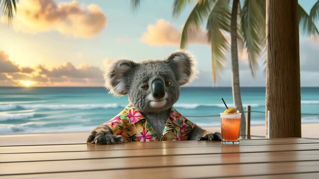 Humanized Cute cartoon koala in Hawaiian shirt at bar with cocktail, near ocean and palm trees. Advertisement. Creative animals portrait. Concept of vacation in resort hotel, tourism.