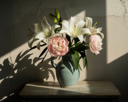 A light blue ceramic vase filled with white lilies and pink peonies sits on a wooden table casting shadows