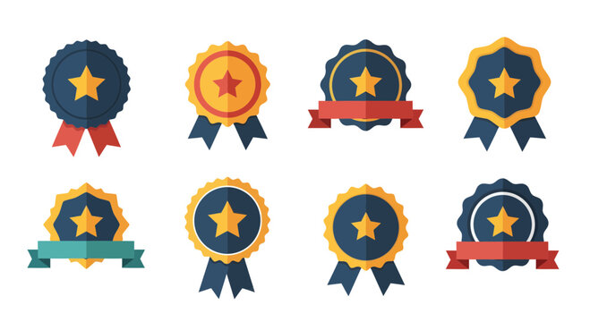 Collection of flat design award badges featuring stars and ribbons, symbolizing excellence, quality, and achievement for certification, recognition, or guarantee across various products and services - Powered by Adobe