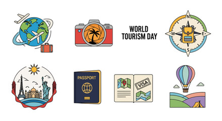 Colorful vector collection of travel and tourism icons, showcasing global landmarks, airplane, passport, camera, and hot air balloon, perfect for vacation and adventure themes