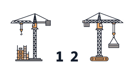 Modern flat design vector illustrations showcasing two distinct industrial construction cranes, ideal for heavy lifting, building projects, and site development machinery concepts