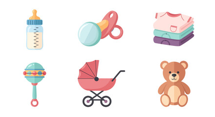 Essential collection of delightful baby items for a newborn's arrival, including feeding, comfort, play, and travel accessories in charming illustration style