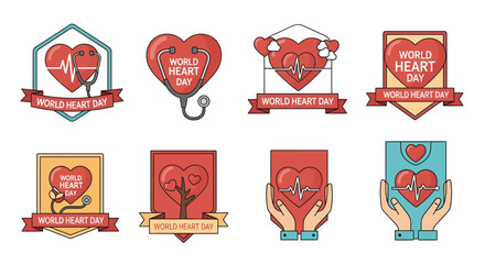 Diverse vector badge collection promoting global heart health awareness, featuring medical symbols like stethoscopes and ECG lines for health campaigns and charitable initiatives
