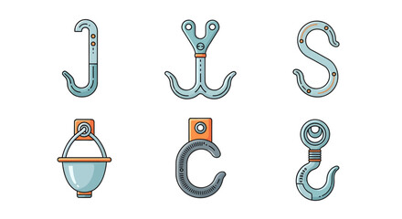 Set of various industrial lifting hooks and rigging equipment vector illustrations, showcasing different designs for heavy-duty operations and construction projects