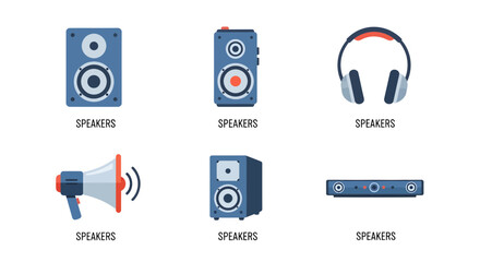 Modern vector illustration set of audio equipment, featuring loudspeakers, headphones, soundbars, and a megaphone, perfect for tech, music, and communication design projects