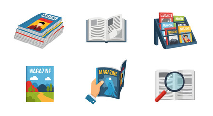 Vibrant collection of flat design icons depicting magazines, books, and reading activities, perfect for publishing, education, and information discovery concepts