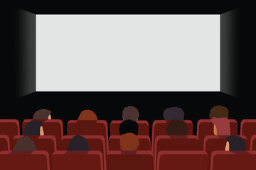Back view of people sitting in cinema hall with white blank screen in front of them