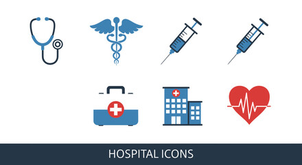 Collection of medical and hospital related icons featuring stethoscope, caduceus, syringe, first aid kit, building, and heart rhythm