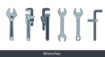 A comprehensive collection of various essential hand tools, featuring an array of adjustable and fixed wrenches, perfect for mechanical, plumbing, and DIY projects