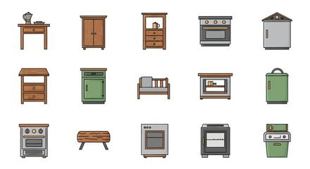 Pixel art collection of various furniture items, including cabinets, tables, ovens, and a bench