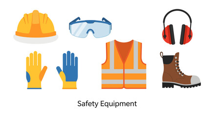 Collection of Safety Equipment, including hard hat, safety glasses, gloves, vest, and boots