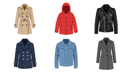 Collection of six different types of stylish coats for men and women