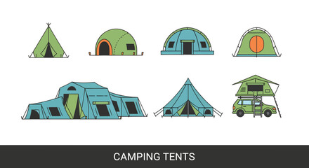 Diverse vector collection of modern camping tents, including traditional and rooftop styles, perfect for outdoor enthusiasts seeking adventure and wilderness exploration