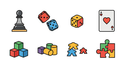 Vibrant line art icons of board game, puzzle elements chess pawn, dice, playing card, building blocks, meeples. Ideal for leisure, strategy, entertainment designs