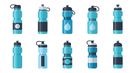collection of various blue and black water bottles on white background