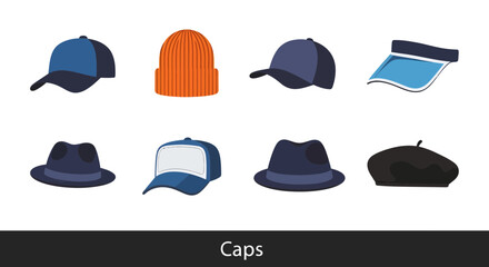 Collection of various headwear including caps, hats, beanies, and visors depicted in a flat illustration style