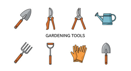 Collection of essential gardening tools for planting and cultivation, including trowel, pruners, fork, and watering can