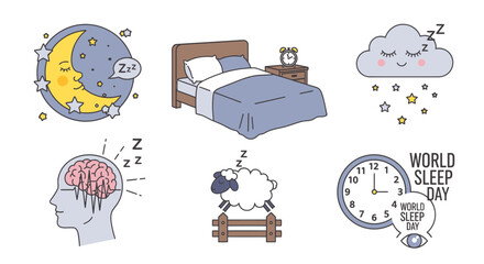 Vector icons for sleep wellness bedtime essentials, dream symbols, brain activity, and global sleep awareness for health campaigns and graphic design projects
