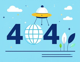 Naklejka premium A 404 error page illustration featuring a UFO abducting a wireframe globe from the sky.