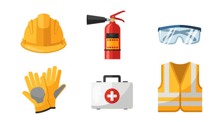 Essential workplace safety equipment icons hard hat, fire extinguisher, safety glasses, work gloves, first aid kit, and high-visibility vest