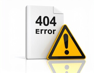 A 3D rendering of a white document with '404 Error' text and a yellow warning triangle with an exclamation mark.