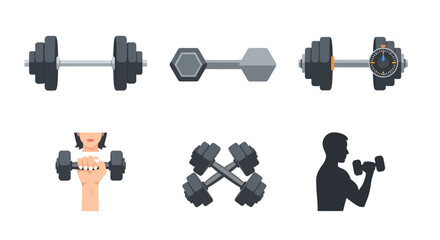 Diverse Collection of Flat Design Dumbbell Icons for Fitness and Strength Training Concepts and Workout Routines
