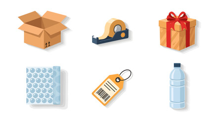 Vector icons for packaging and shipping. Includes a box, tape, gift, bubble wrap, product label, and bottle. Ideal for e-commerce, delivery, and logistics design