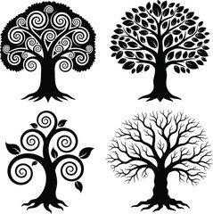 Obraz premium Set of Decorative Tree Silhouettes with Swirls and Branches