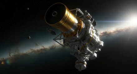 Illustration of a scientific spacecraft in space with a bright sunlit backdrop exploring the cosmos and collecting data